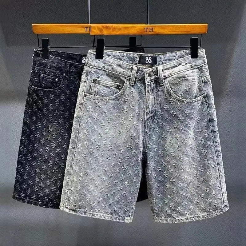 2025 American style new denim shorts for men in summer, loose straight tube, perforated jacquard, high-end feeling, five point