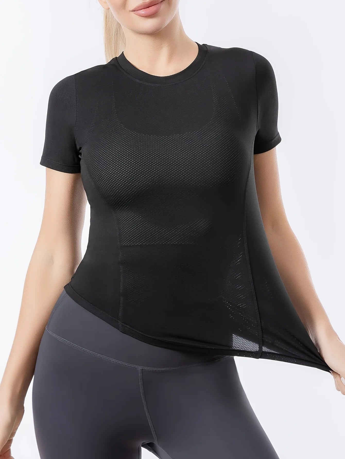 Yoga wear women spring/summer nude mesh breathable quick drying clothes running fitness short sleeve T-shirt sports wear yoga to