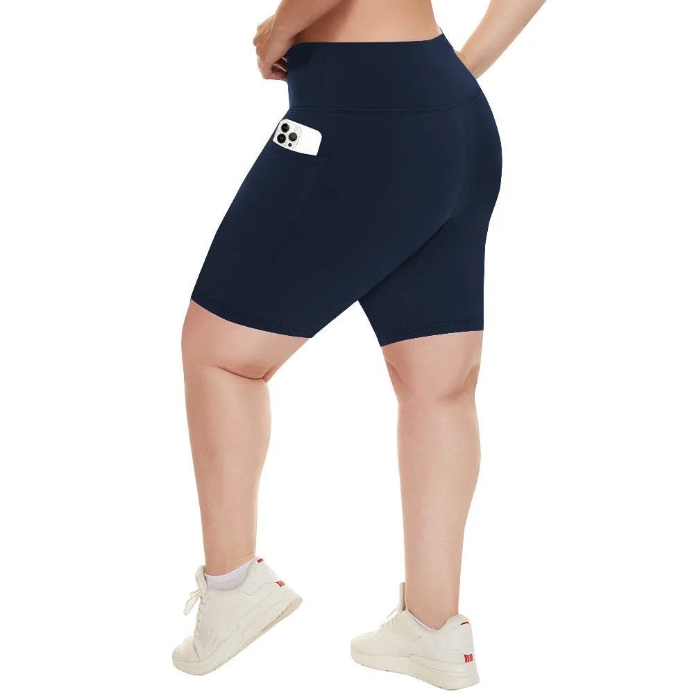 Plus Size Fit Yoga Shorts for Women's High Waist Side Pocket Workout Running Tight Stretchy Athletic Summer Fashion Slim Shorts