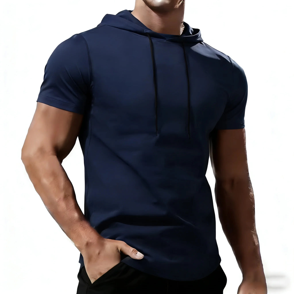 Men's Running T-shirt Sportswear Hooded Tops Tee Workout Tracksuit Training Male Clothing Elastic Gym Fitness Sport T Shirt Men
