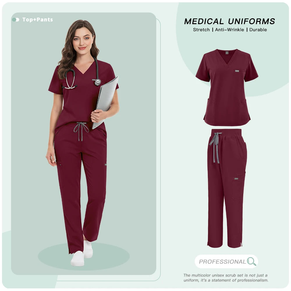 Unisex Hospital Doctor Workwear Medical Dentist Uniform Men Women Scrub Set Clinical Nursing Clothes Beauty Spa Costume Top Pant